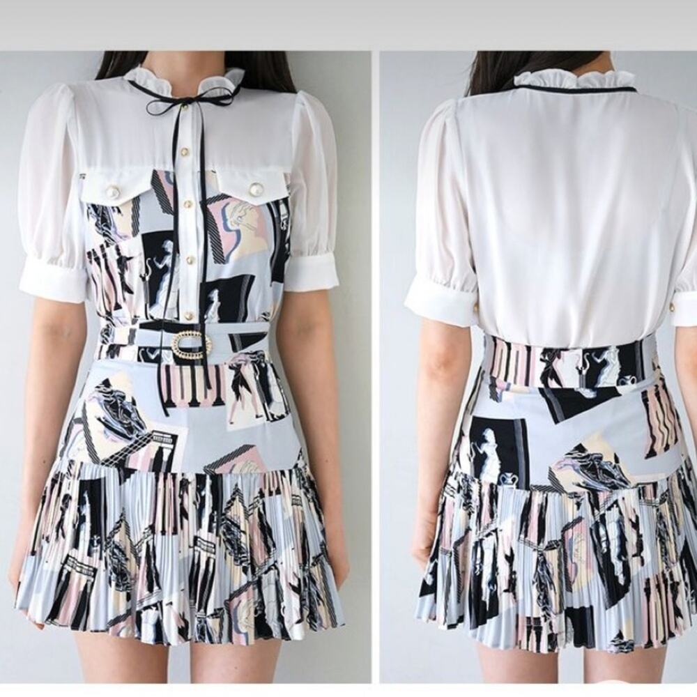Daisy Korean Grecian Roman Greek Button Blouse Pleated Skirt Set Medium